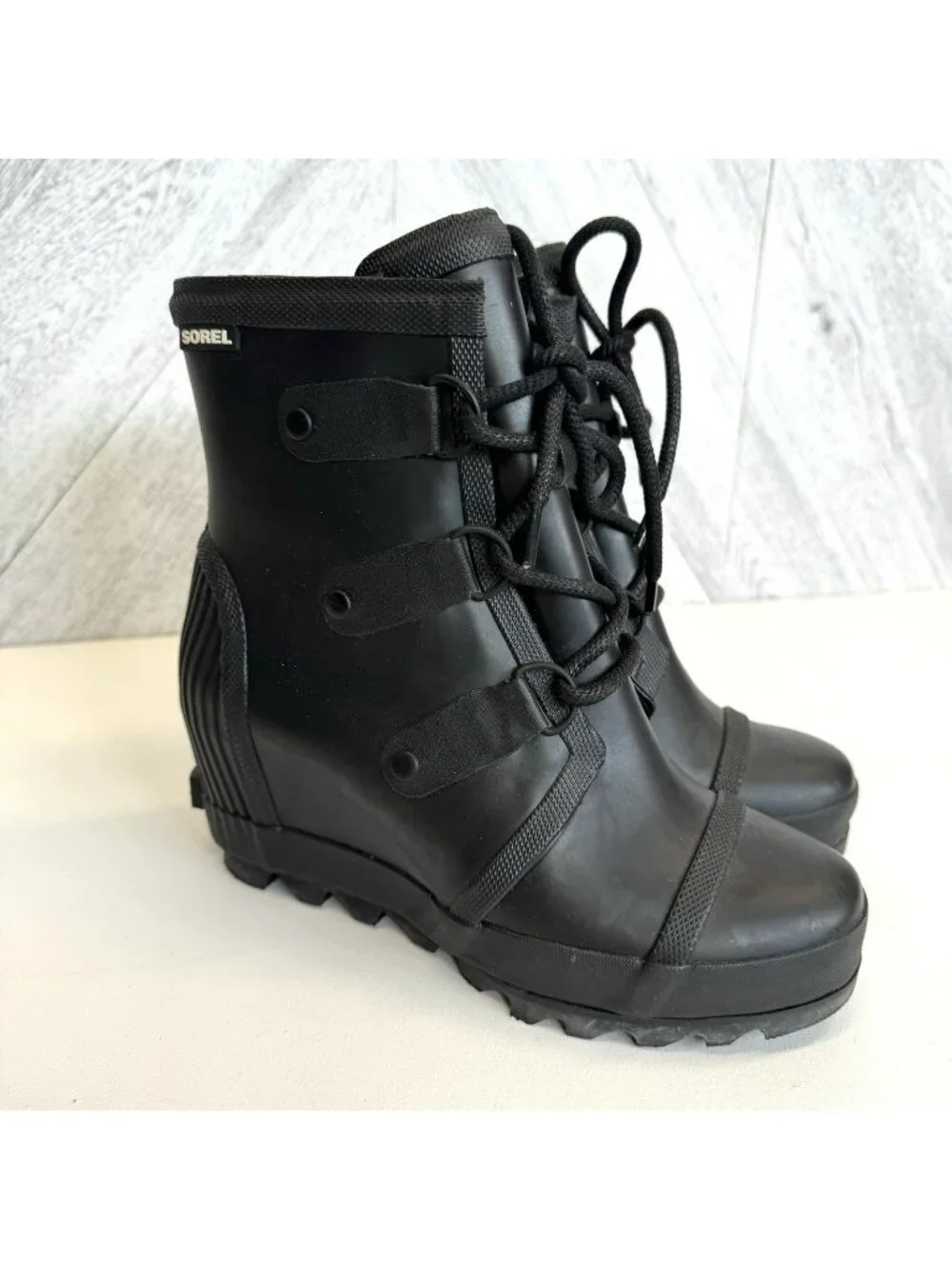 Sorel Joan Wedge Heel Waterproof Rain Boots Women's Size 8.5 Black NL2524-010